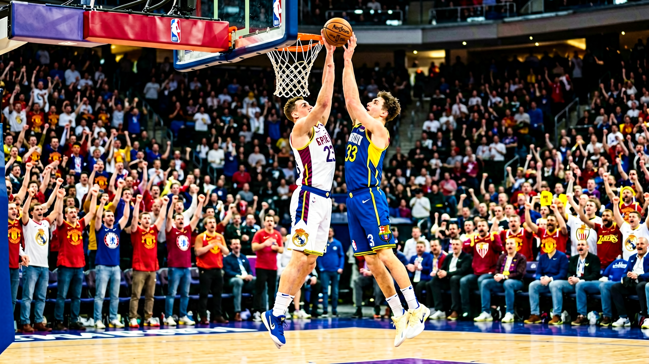 NBA篮球比赛现场，球员在空中争抢篮板球，观众欢呼